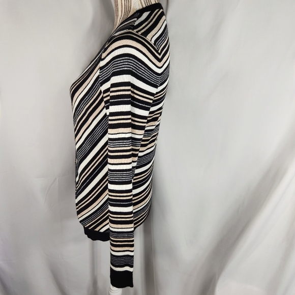 7th Avenue NWOT Black Tan White Grey Sparkly Asymmetrical Stripe Cardigan Medium - Picture 6 of 11